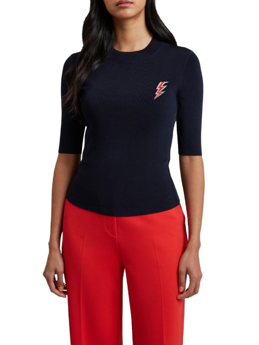 Ted Baker Navy Pleated Knit Top Embroidered Lightning Bolt Size 1